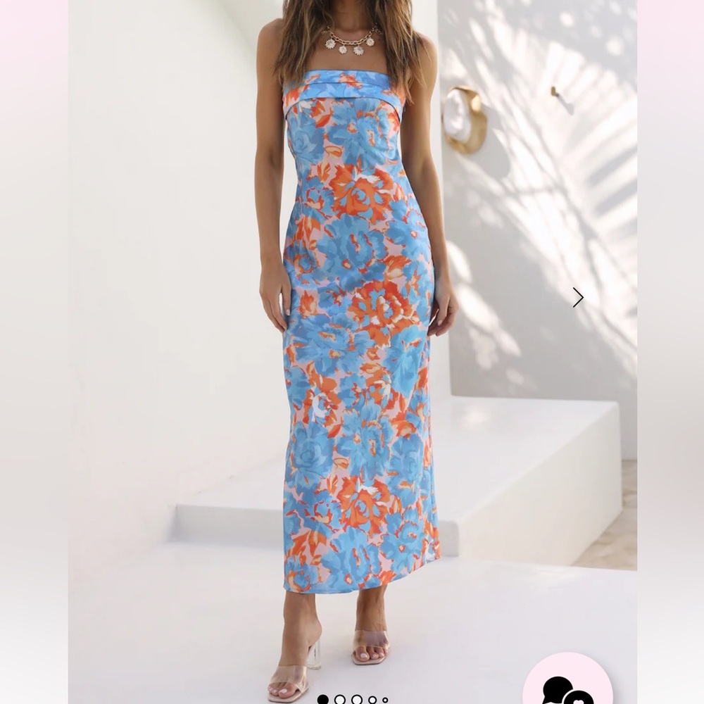 Hello Molly Strapless Blue and Orange Floral Dress